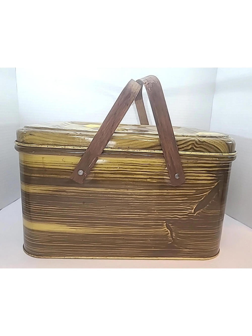 Vintage Brown Faux Wood Grain Metal Picnic Basket W/ Wood Handles & Hinged Top